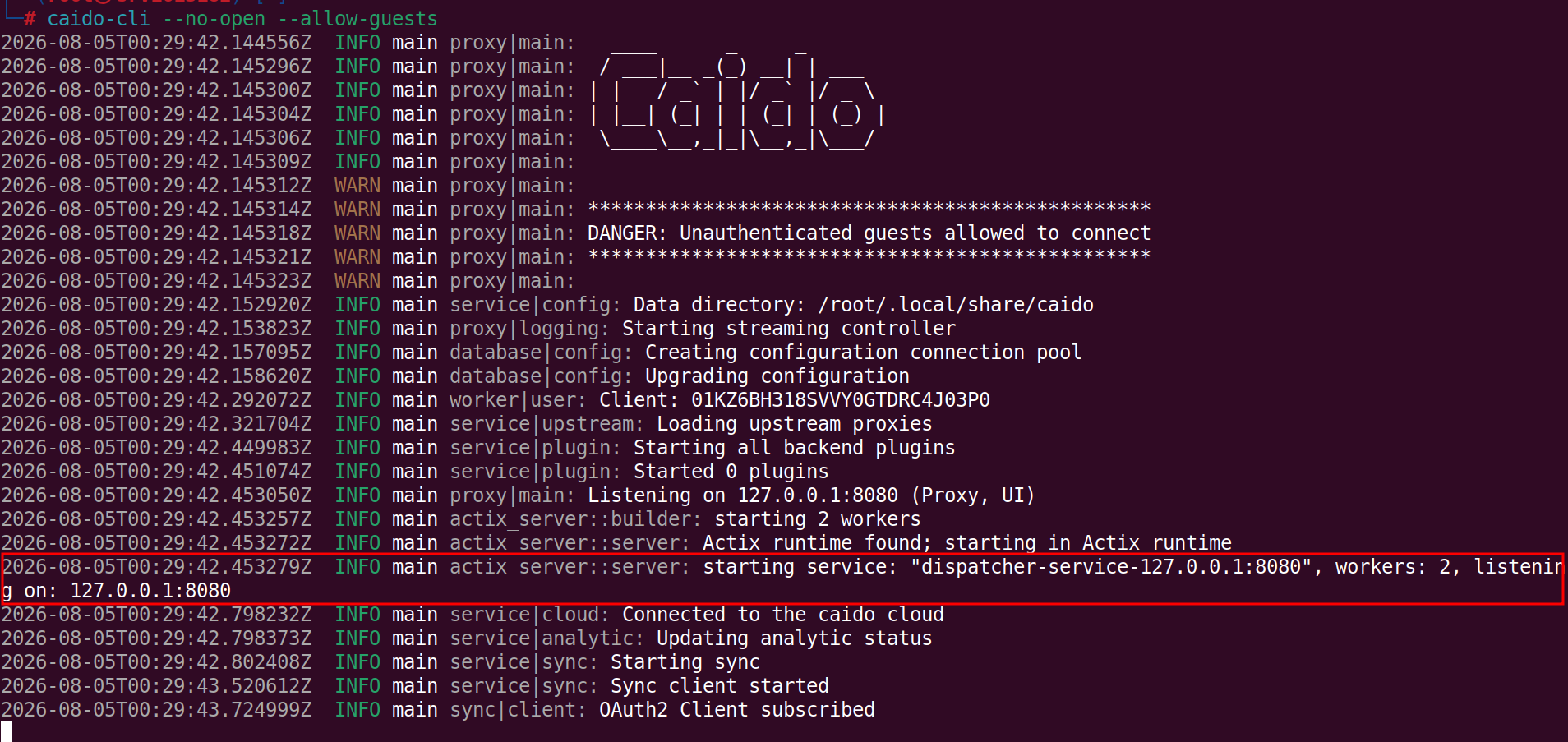 Logs do Caido Daemon iniciando