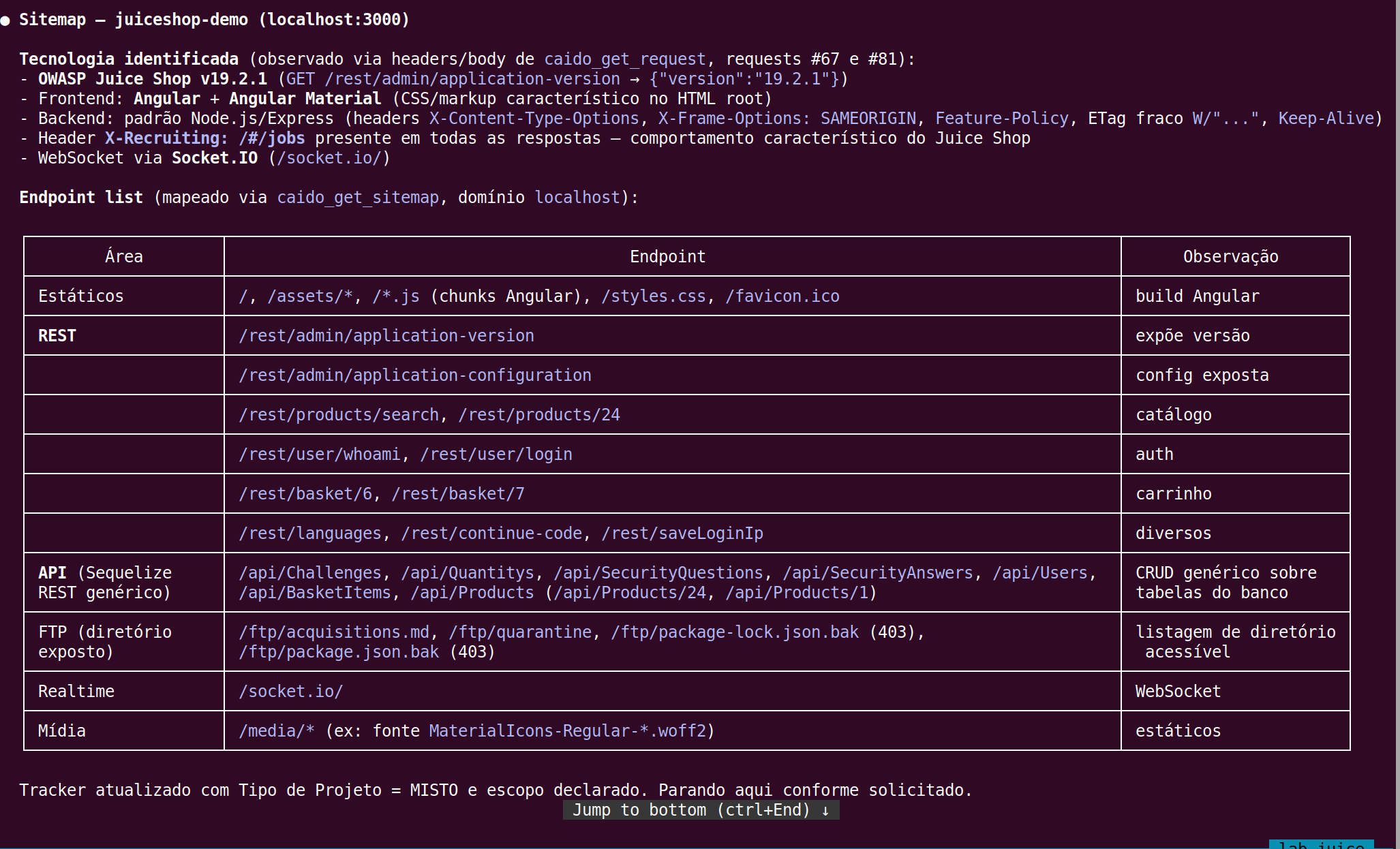 Sitemap completo mapeado com endpoints organizados por área