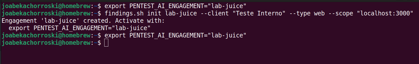 Terminal criando o engajamento lab-juice com findings.sh init