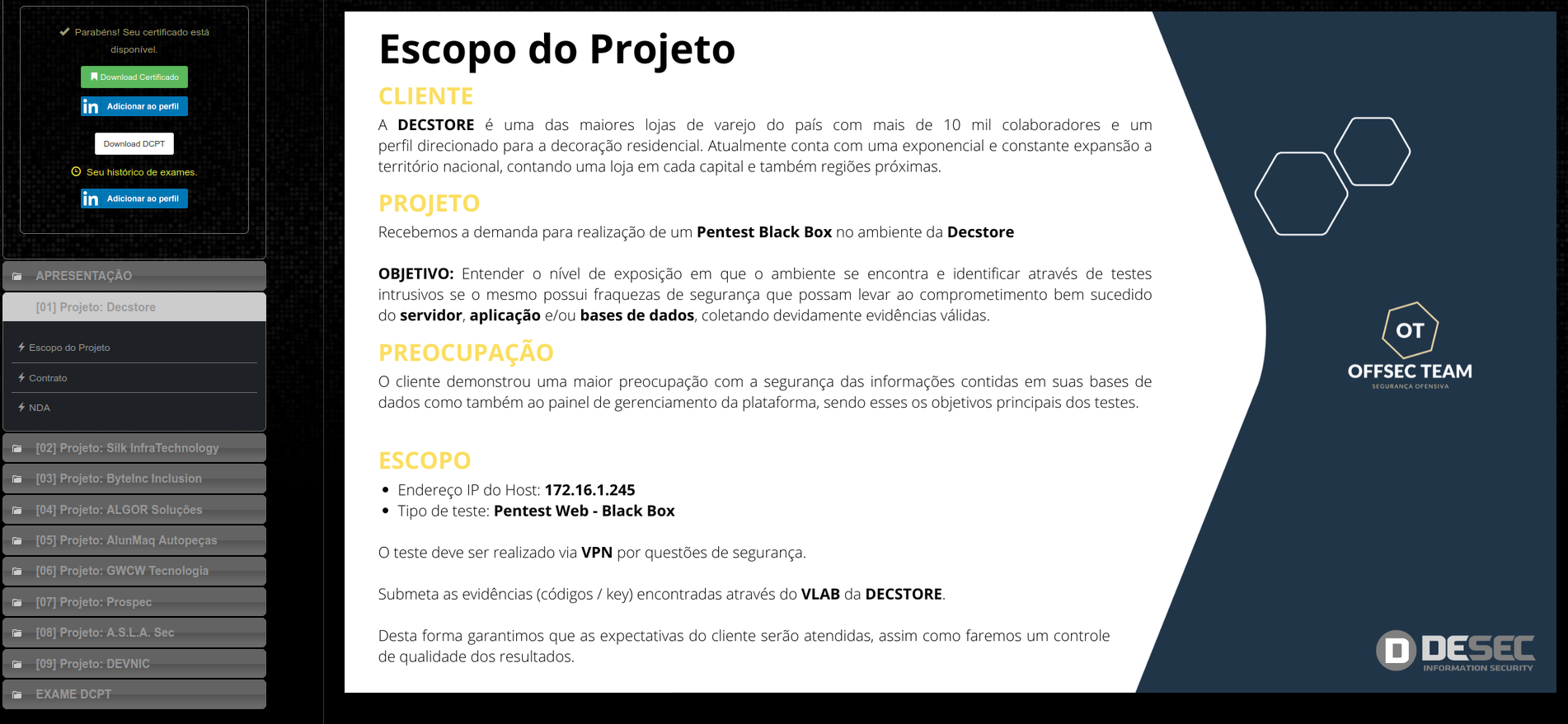 Escopo do projeto Decstore no Pentest Experience