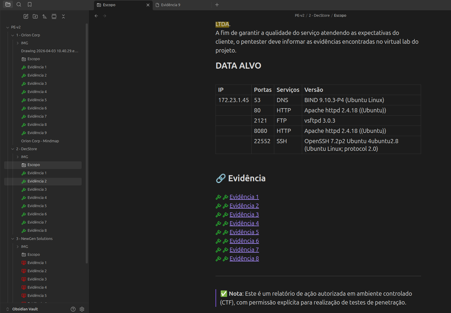 Vault do Obsidian com escopo e dados alvo do projeto Decstore